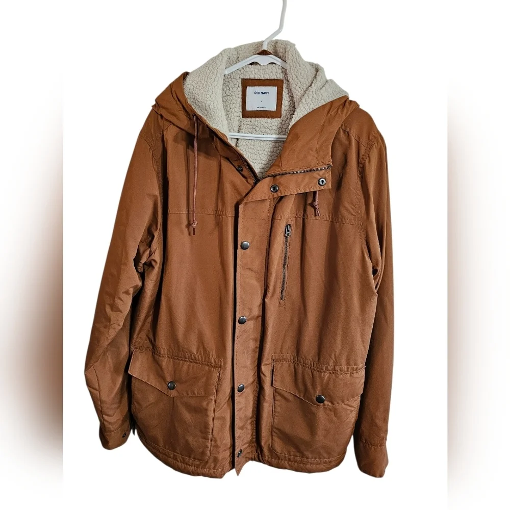 Old Navy Men L Cognac Brown Sherpa Lined Utility Parka Jacket Archival Essential